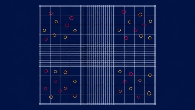 Diagrama do retículo de uma câmara de Neubauer com células marcadas em magenta e amarelo nos quadrantes